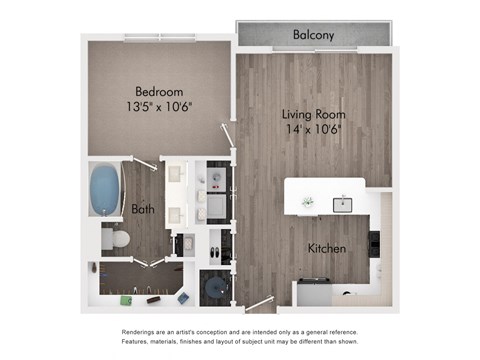 Floor plan for 1 bed, 1 bath, 646 sqft